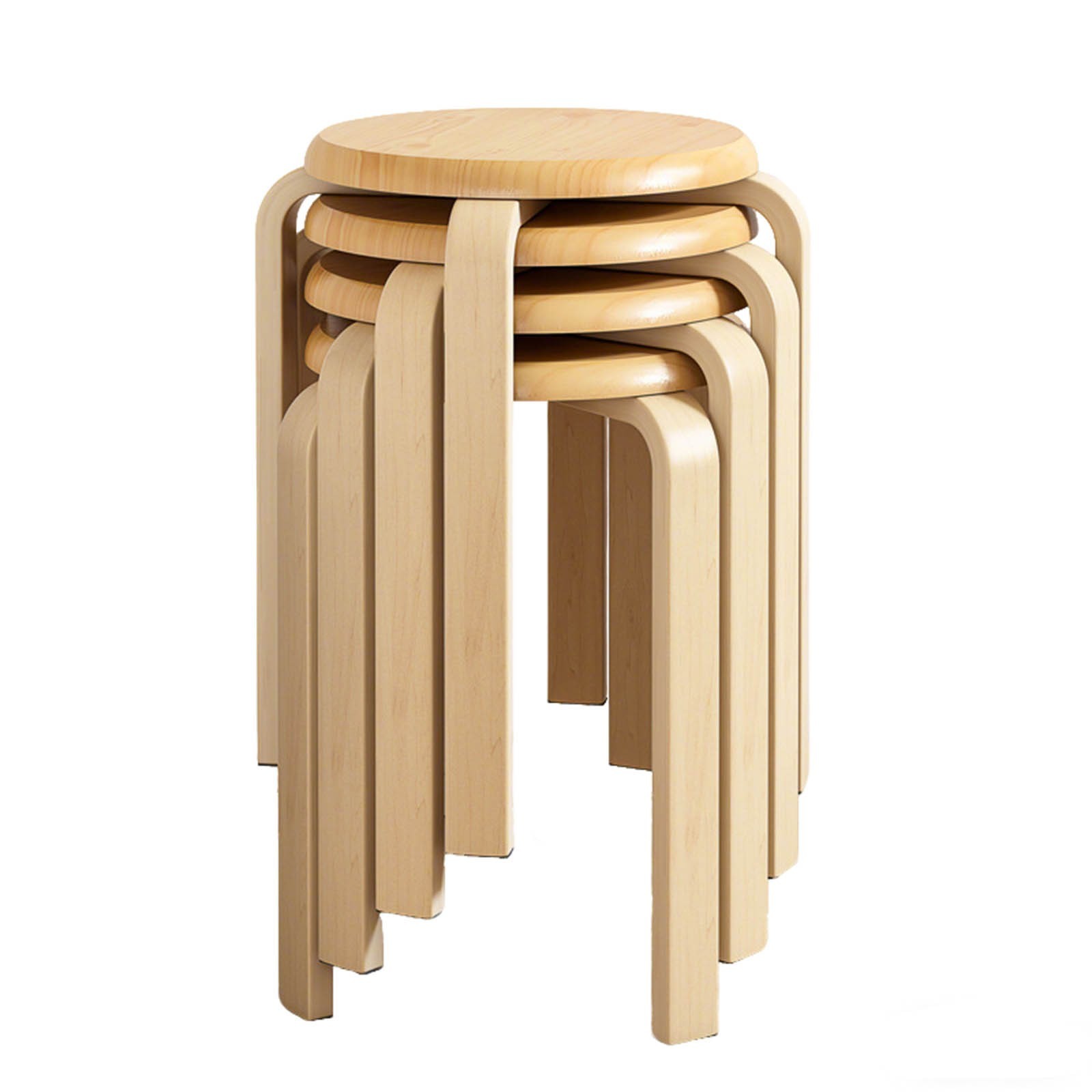 Stackable Bentwood Stools Set of 4, Nesting, Natural Wood, Anti-Slip