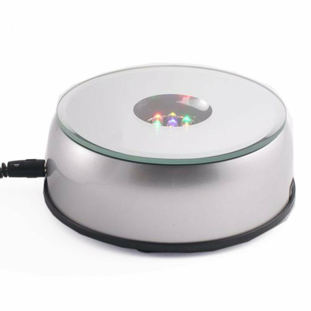 New 4-Inch Rotating LED Light Display Base with Adaptor, Silver, USA Seller!!