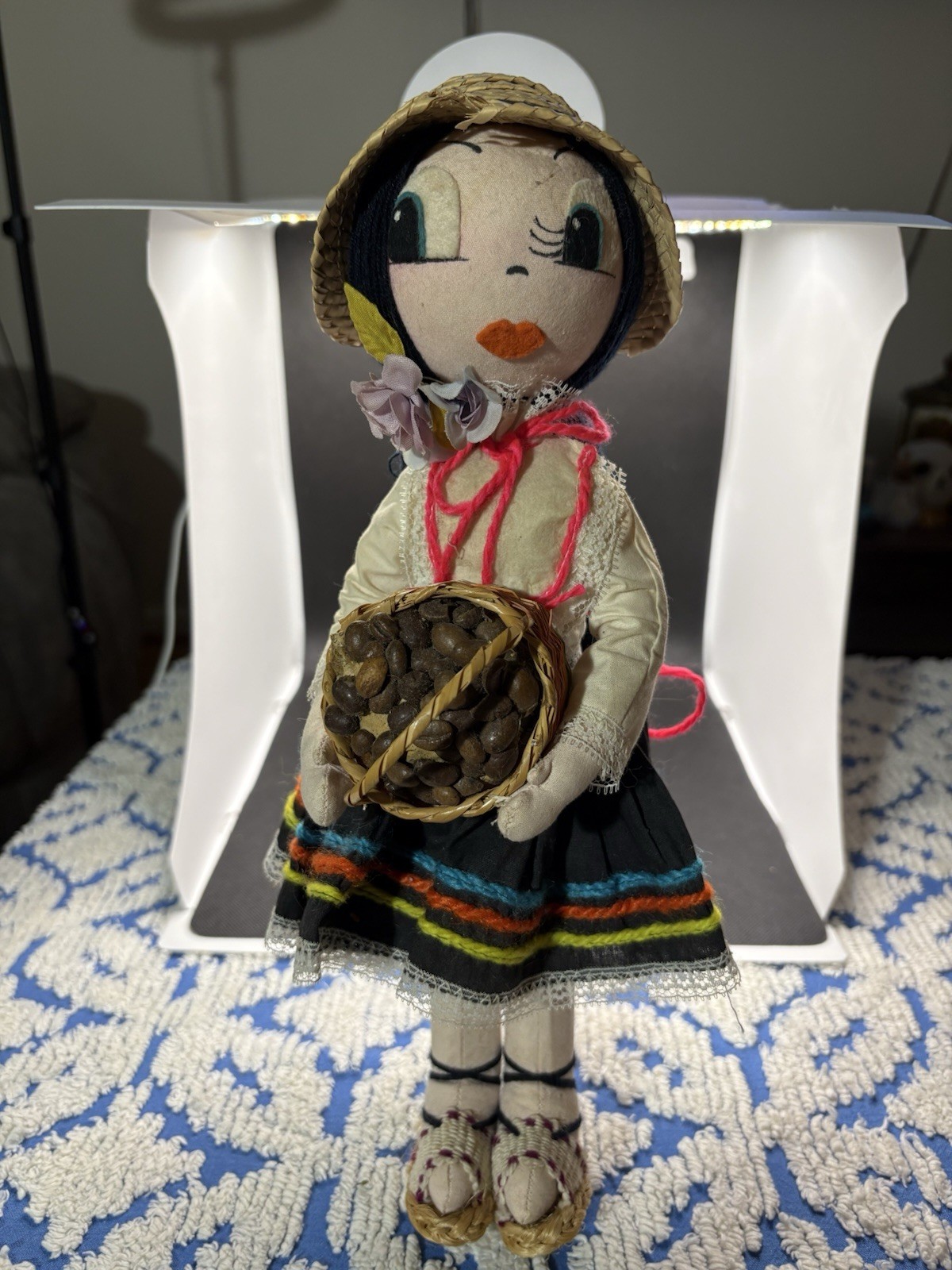 Vintage Peruvian Folk Art Handmade Girl Holding Basket Cloth Doll  14”