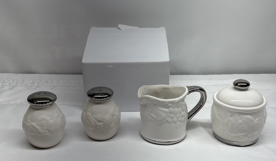 White And Silver Sakura Creamer, Sugar Dish with Lid, Salt and Pepper Shakers