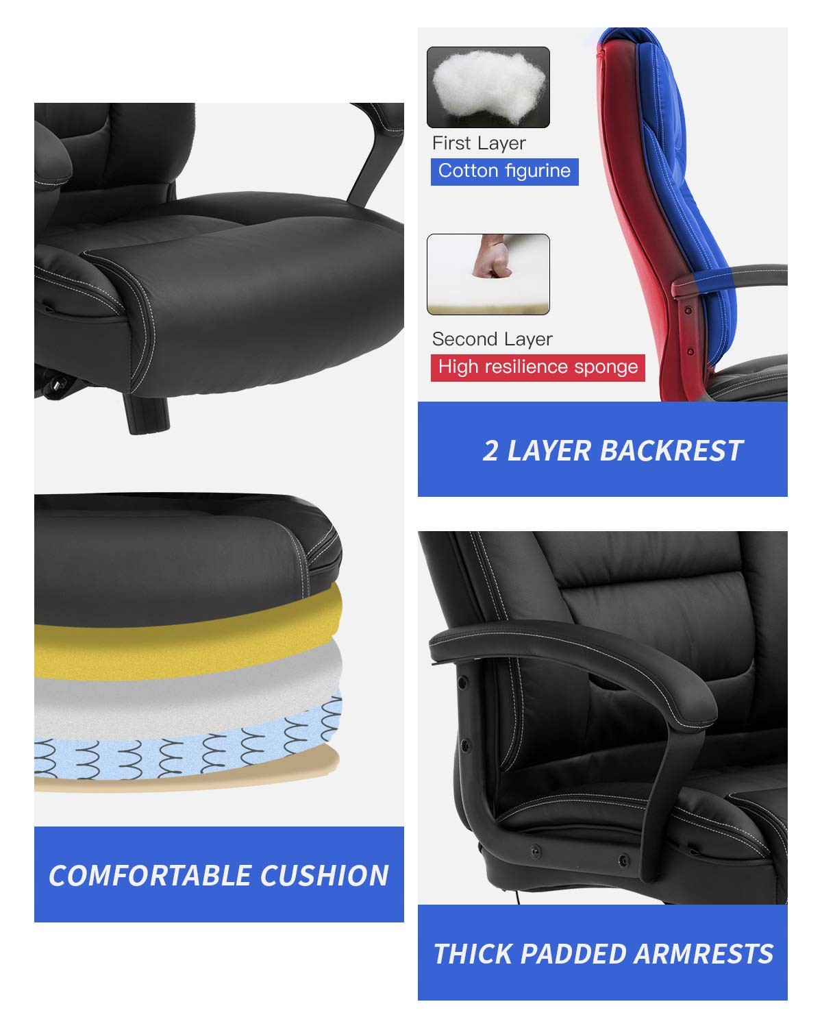 Big and Tall 500lbs Wide Seat Ergonomic Desk Chair with Lumbar Support Arms H...