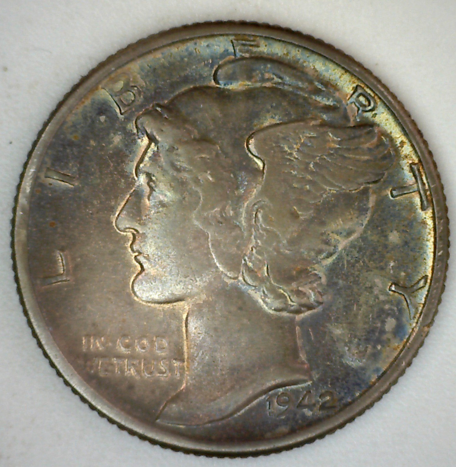 Iridescent Toning 1942 BU Mercury Silver Dime 10c Coin Uncirculated 10 Cents