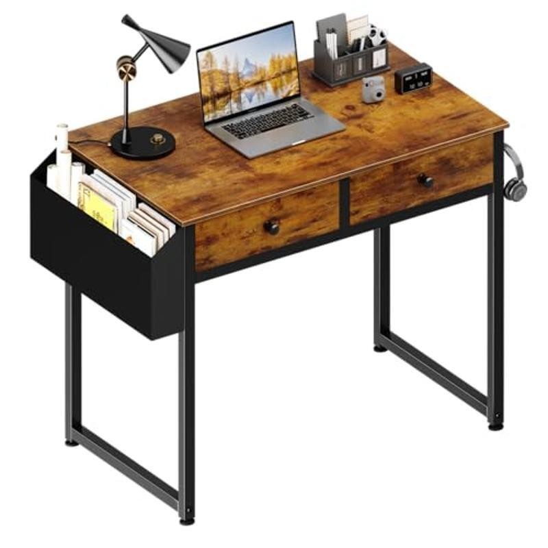 Rustic Brown Computer Desk W/ Storage Drawers Study Table Small Spaces New