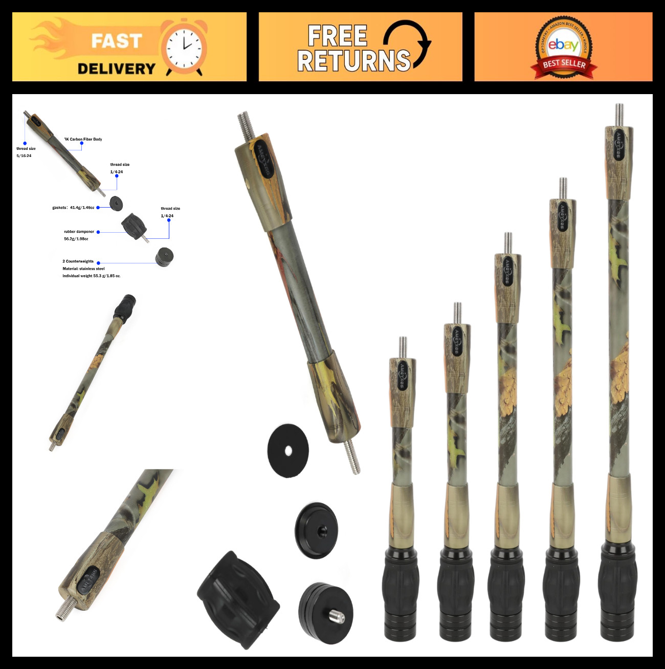 Archery Bow Stabilizer Kit - 6" to 15", Carbon Fiber Balance Rod, Damping & Shoc