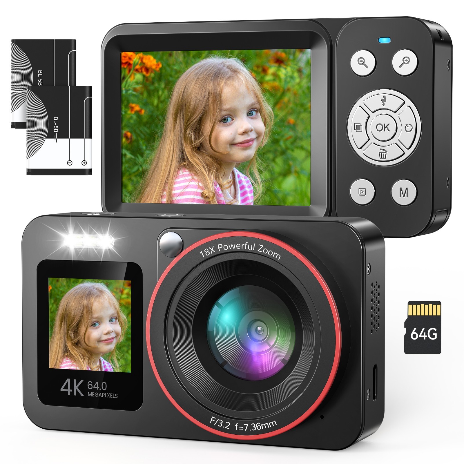 Digital Compact Camera with Dual Screens 4K 64MP FHD Camera 18X Macro Shooting