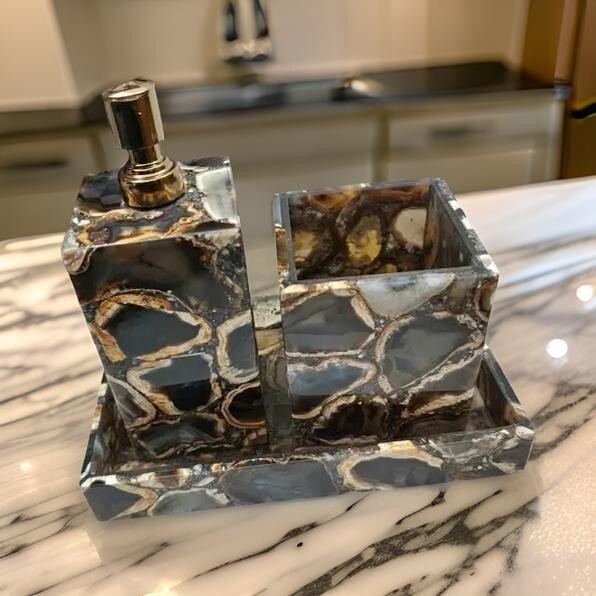 Natural Agate Stone Bathroom Set | 3-Piece Vanity Accessories | Luxury Spa Décor