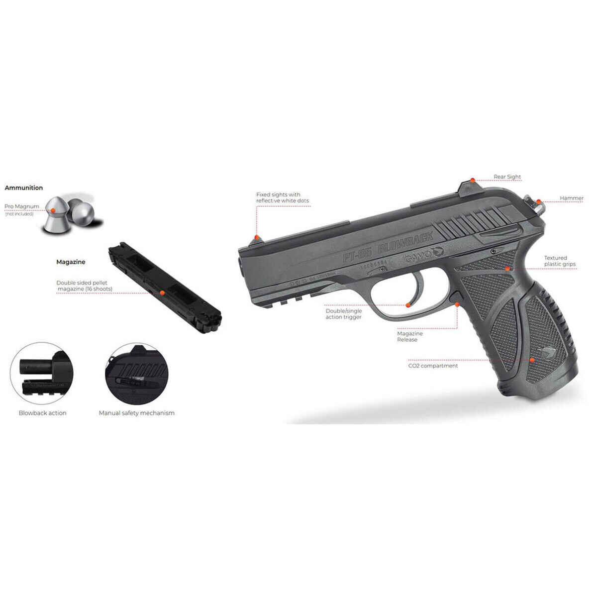 Gamo PT-85 Blowback CO2 Semi Auto Pistol .177 Pellet 450 fps, Black - 611138254