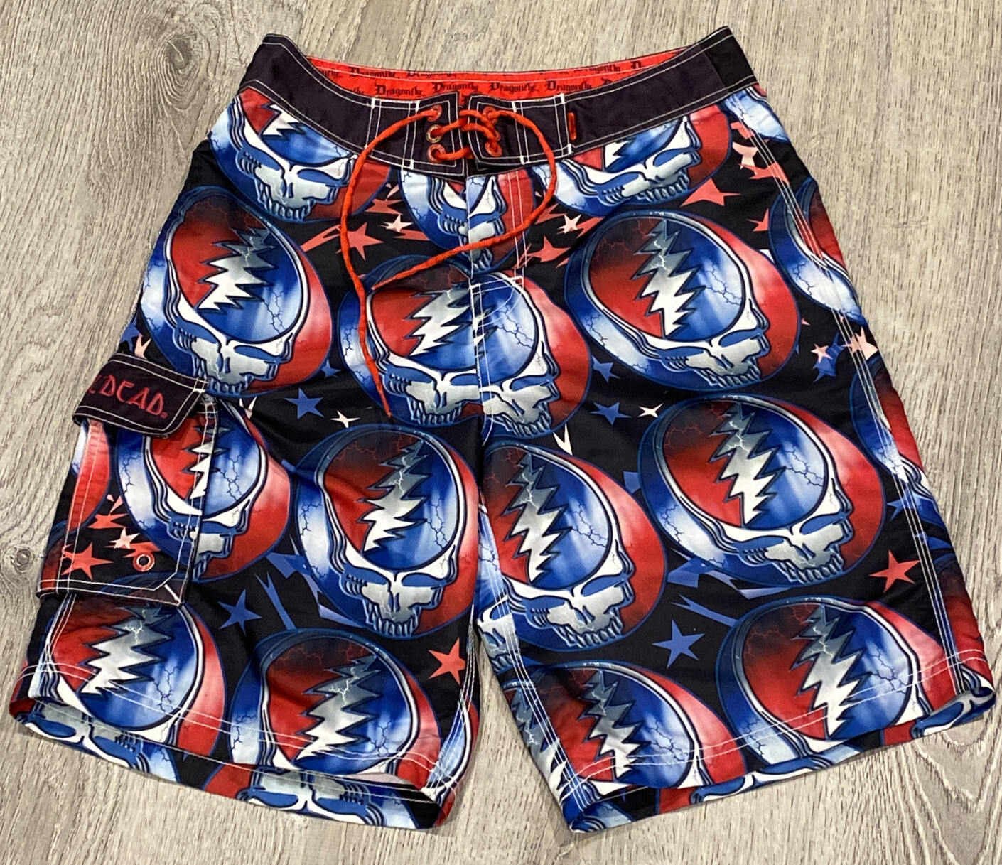 Vintage GRATEFUL DEAD STEAL YOUR FACE Dragonfly Swim Surf Board Shorts Sz 30