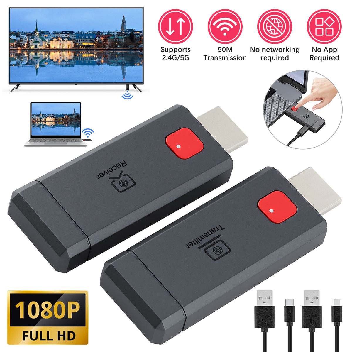 1080P 60Hz Wireless HDMI Transmitter Receiver 165FT 2.4G 5G for TV PC Laptop New