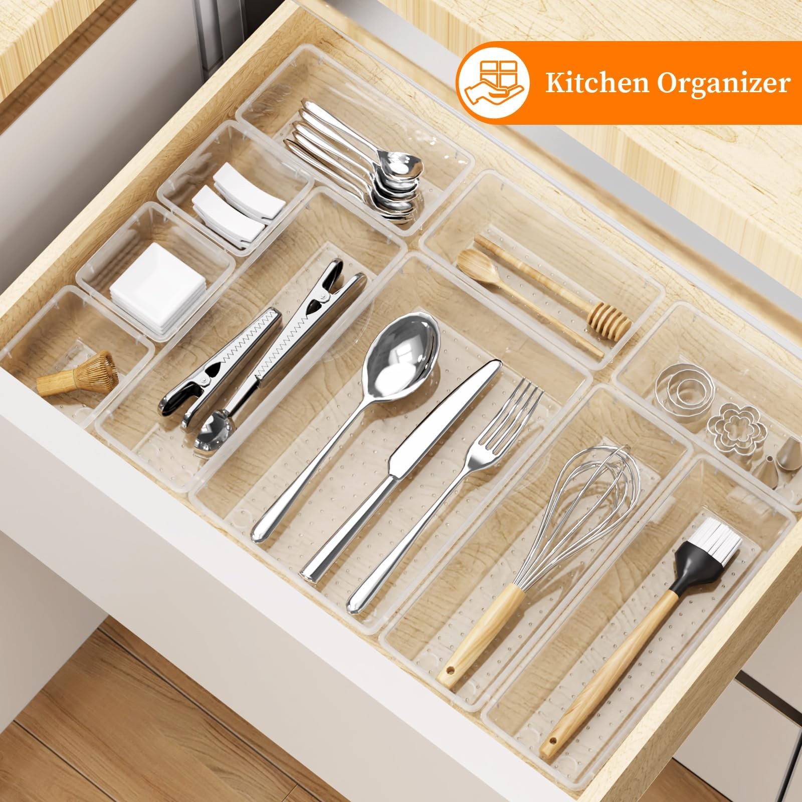 StorMiracle 32 PCS Clear Plastic Drawer Organizer Set, 4-Size vanity