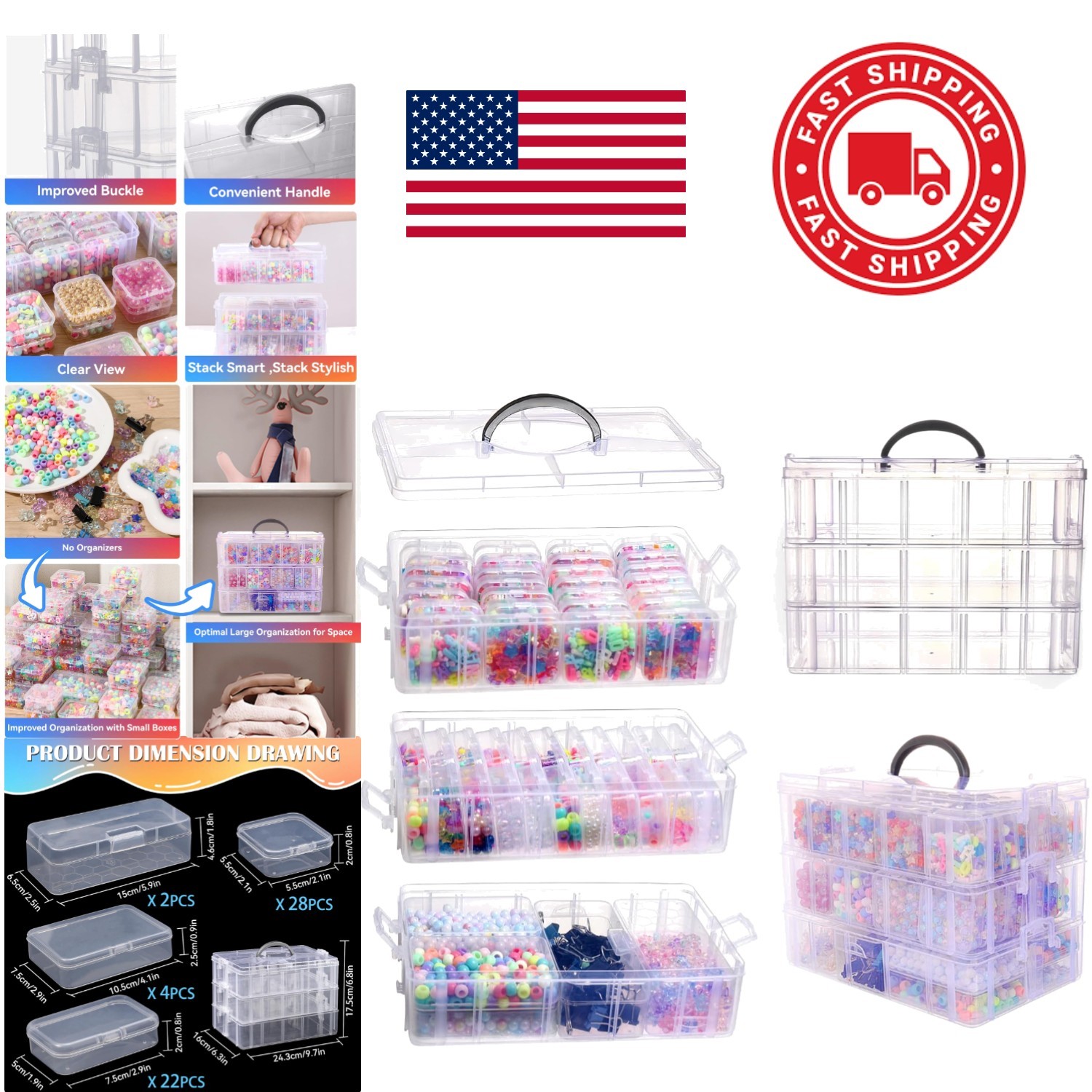 3 Tier Clear Bead Organizer with 56 Plastic Containers for Small Parts Storage