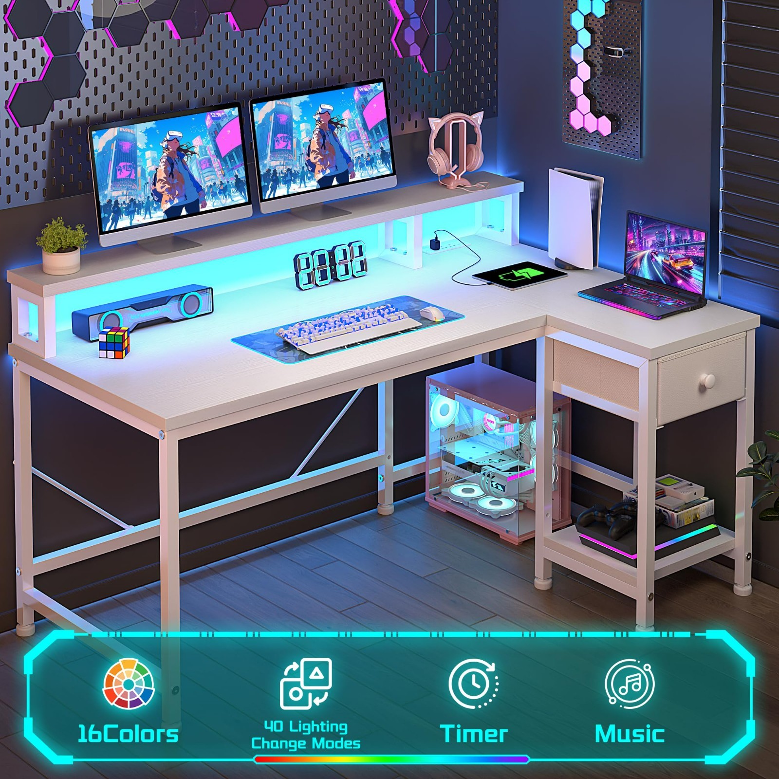 Study Table Office 40 inch L Shaped Computer Desk w/ Drawers & LED Lights,White