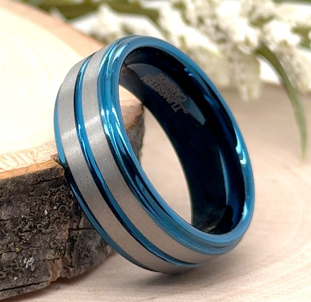 Christmas Ring Silver Brushed Strip Comfort Fit Band 8MM Blue Polished Tungsten