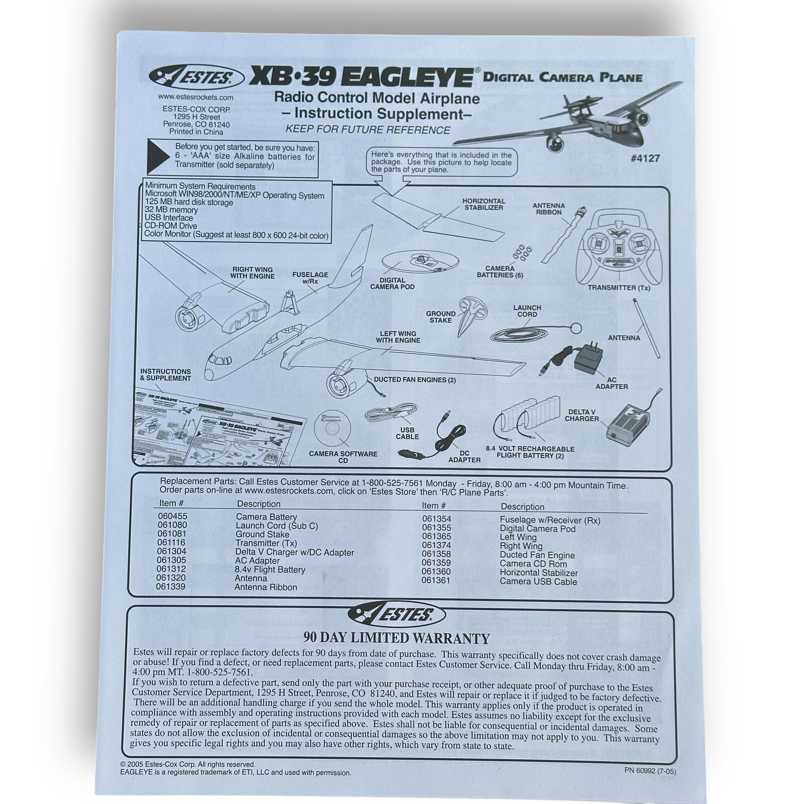 ESTES XB-39 EAGLEYE R/C REMOTE CONTROL AIRPLANE CAMERA PLANE