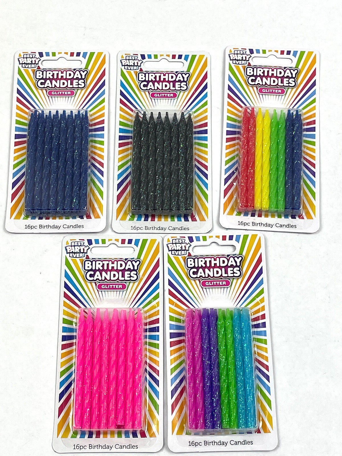 Birthday Candles - Glitter Metallic PINK BLUE BACK MULTICOLOR (Set of 16) Choose