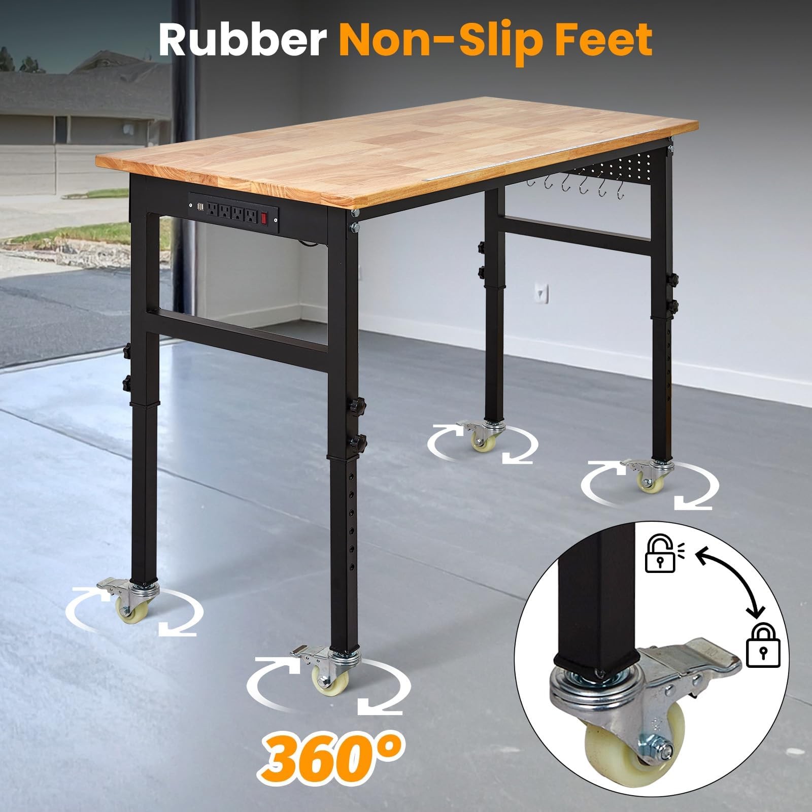 48" Adjustable Workbench 2000Lbs Load Work Bench with Pegboard & Power Outlets