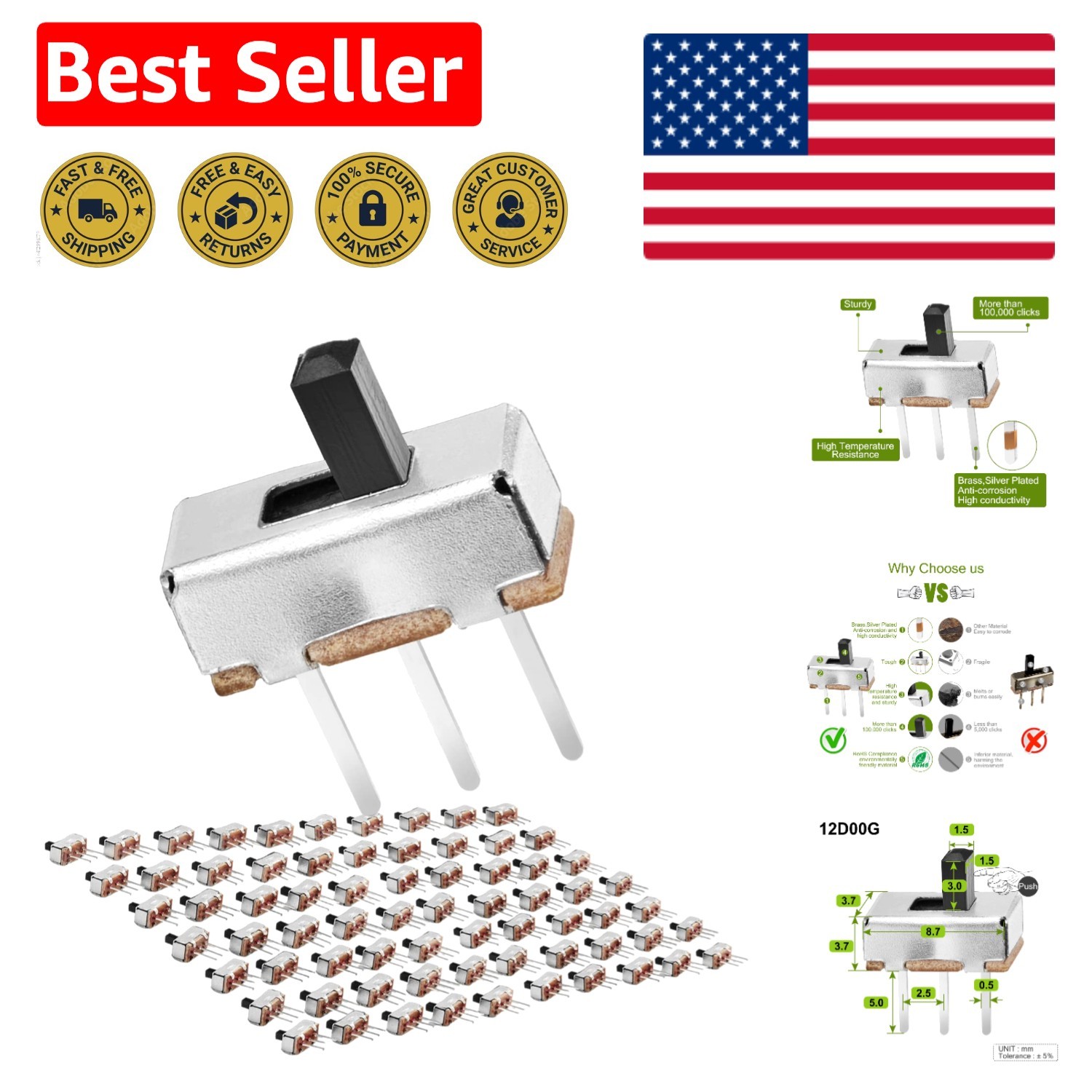70pcs Miniature Toggle Switches - 2 Position SPDT for Arduino & Electronics