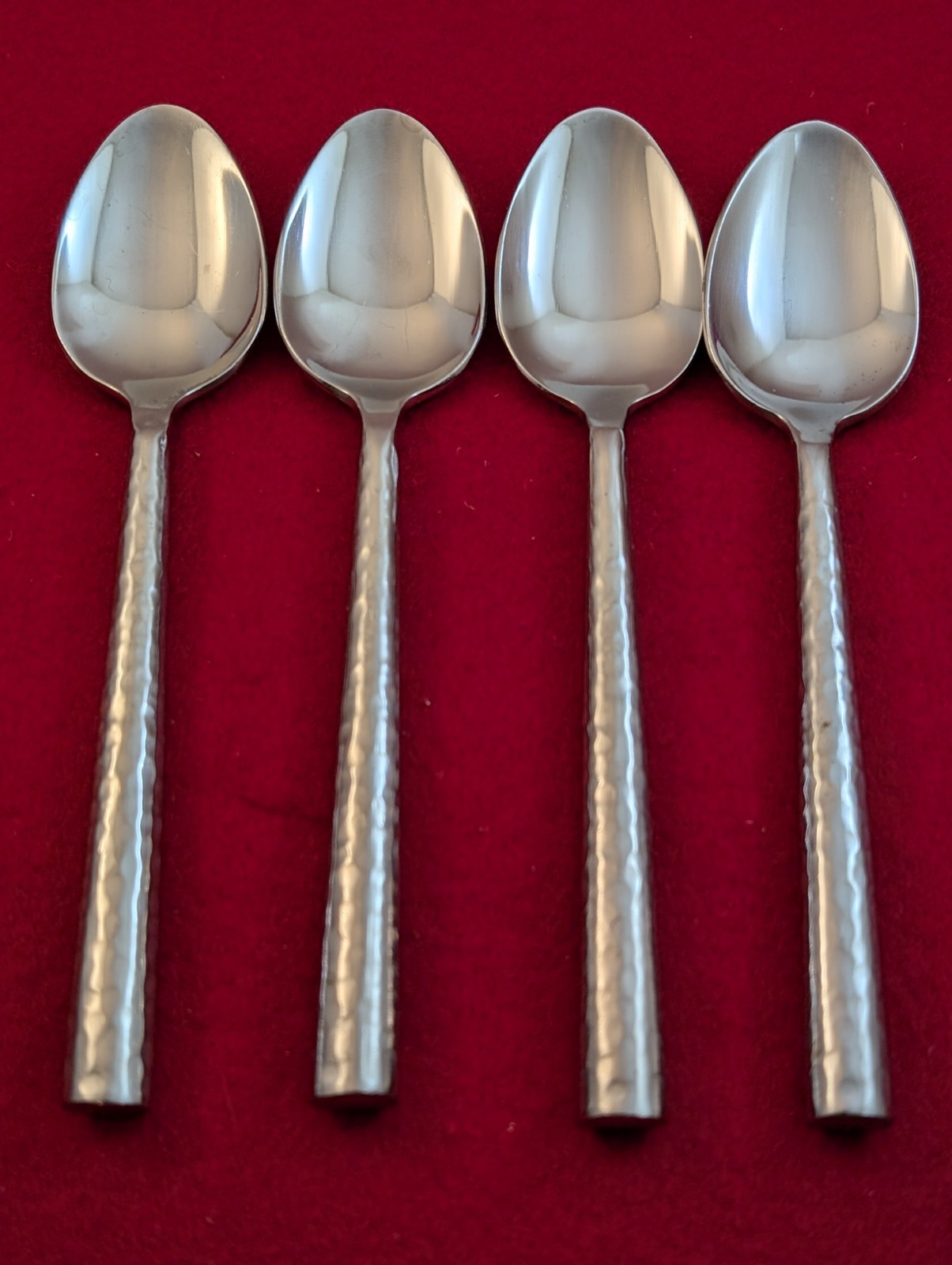 Lot Of 4 Unmarked Hammered Round Tip Stainless Heavy Teaspoons 6 3/4"