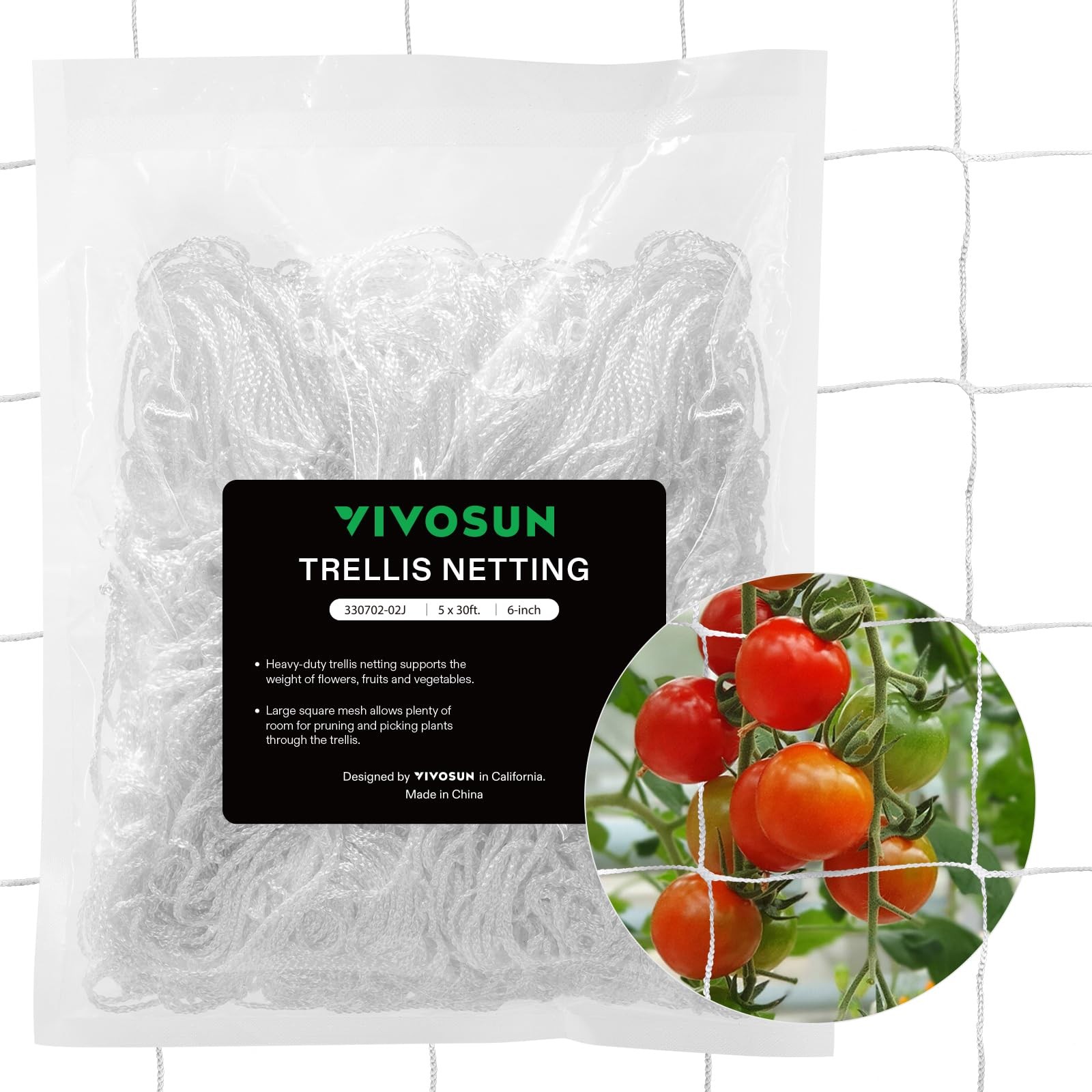 VIVOSUN Trellis Netting Heavy-duty Polyester 5'x30' - 6''square mesh, White