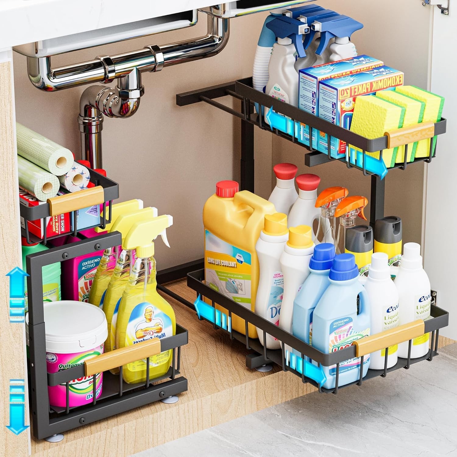 Under Sink Organizer, 2 Pack 2 Tier Expandable Height (13.2" - 17.2") Pull