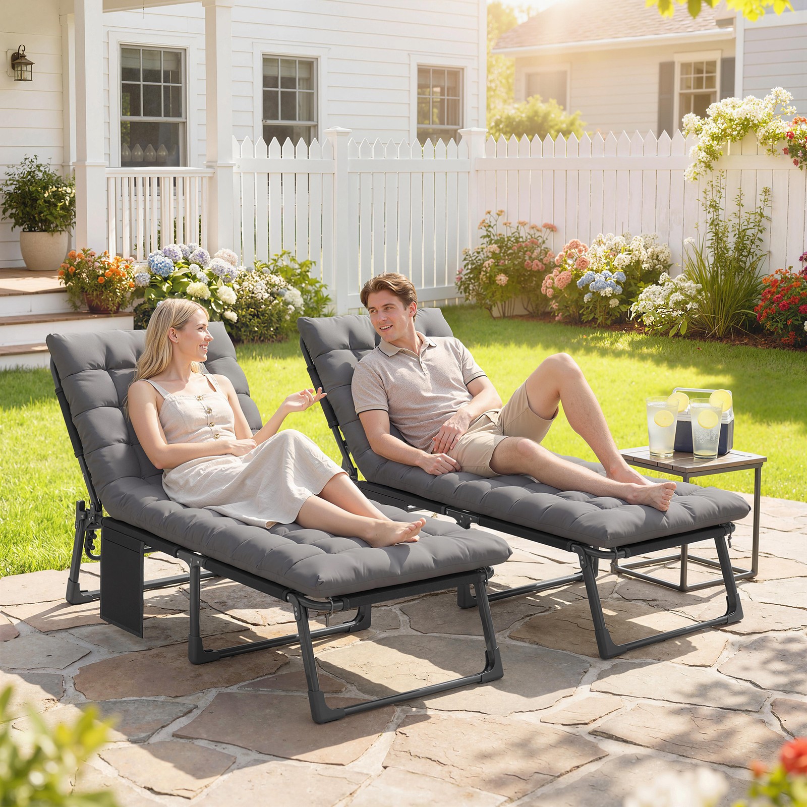 Outsunny Folding Chaise Lounge Chair Outdoor Set of 2 w/ Cushion, Dark Gray