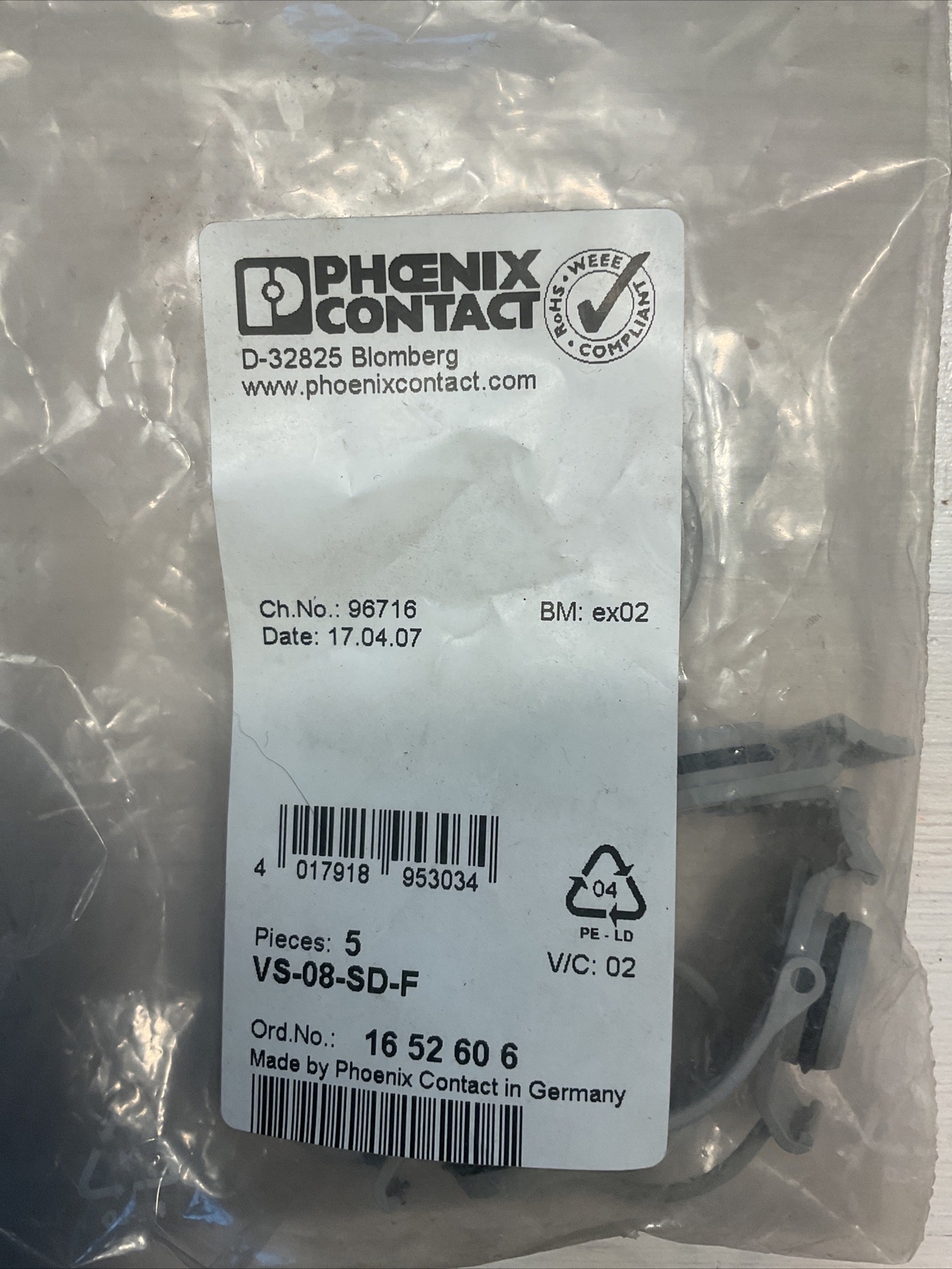 Lot of 5 Phoenix Contact VS-08-SD-F. Cap 1652606