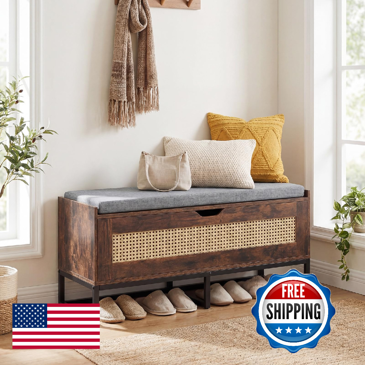 Giantex Rattan Shoe Bench Flip-Top Entryway Bench Removable Padded Storage