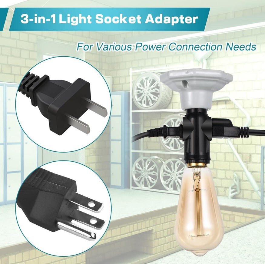 3 Prong Light Bulb Outlet Socket Adapter E26 E27 Light Socket to Plug Adapter