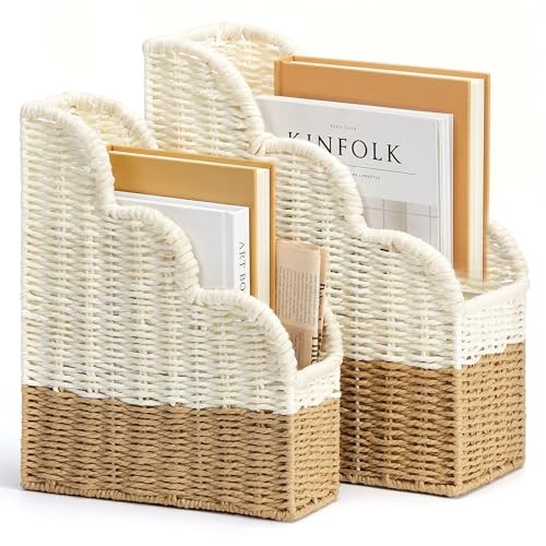 BROWNLILY Handwoven Paper Magazine Holders with Scalloped Edge - Boho Desk Rope
