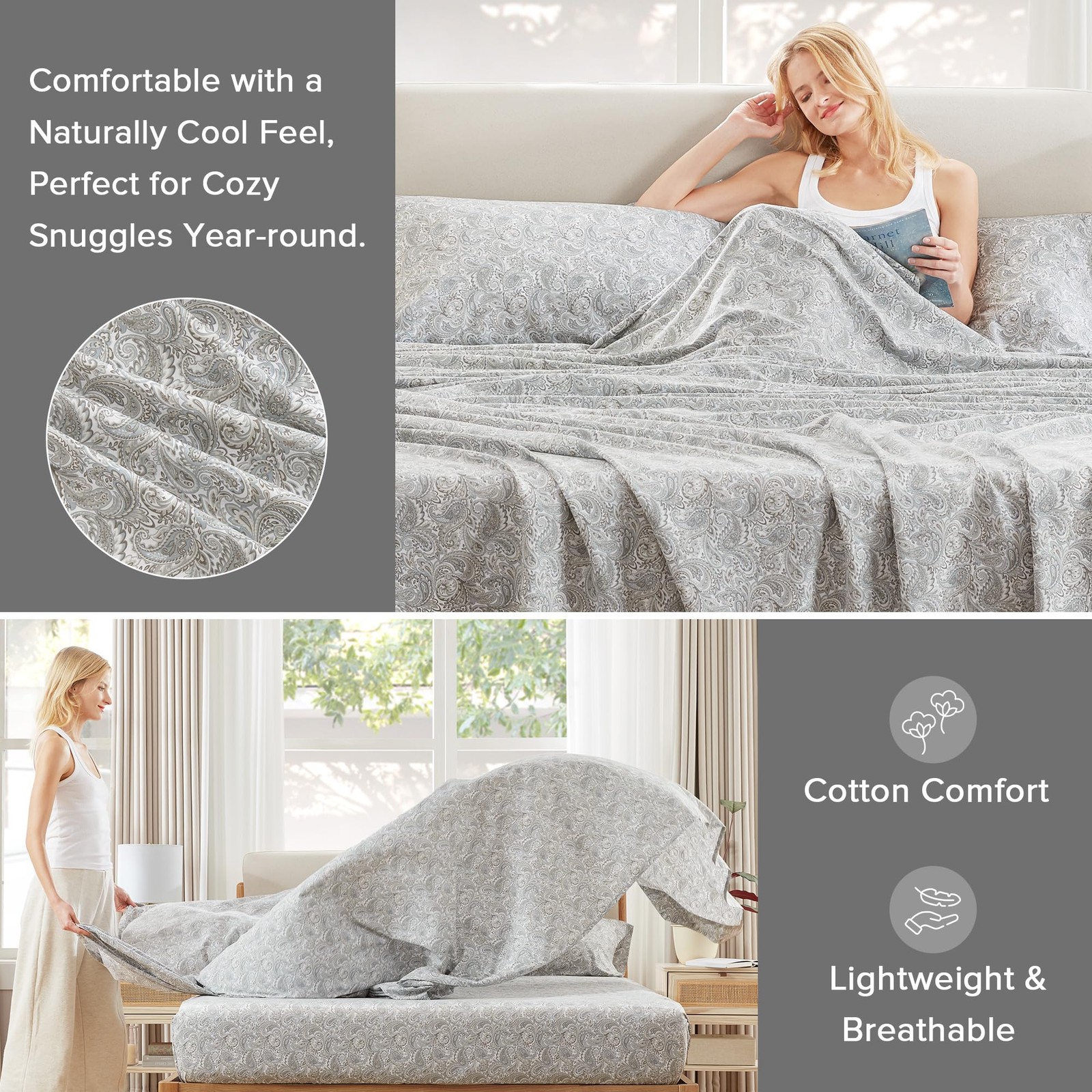 Comfort Spaces 100% Cotton Sheet Set Breathable, Lightweight, Soft with 14 Elast