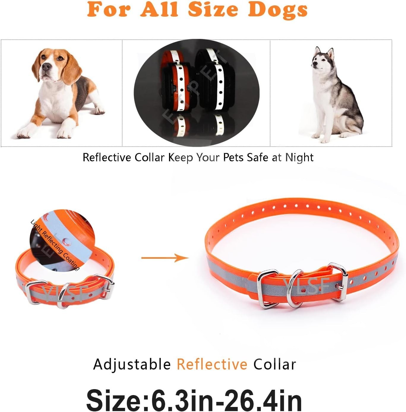 Adjustable Orange Reflective TPU Dog Collar Strap for Training Shock Collars