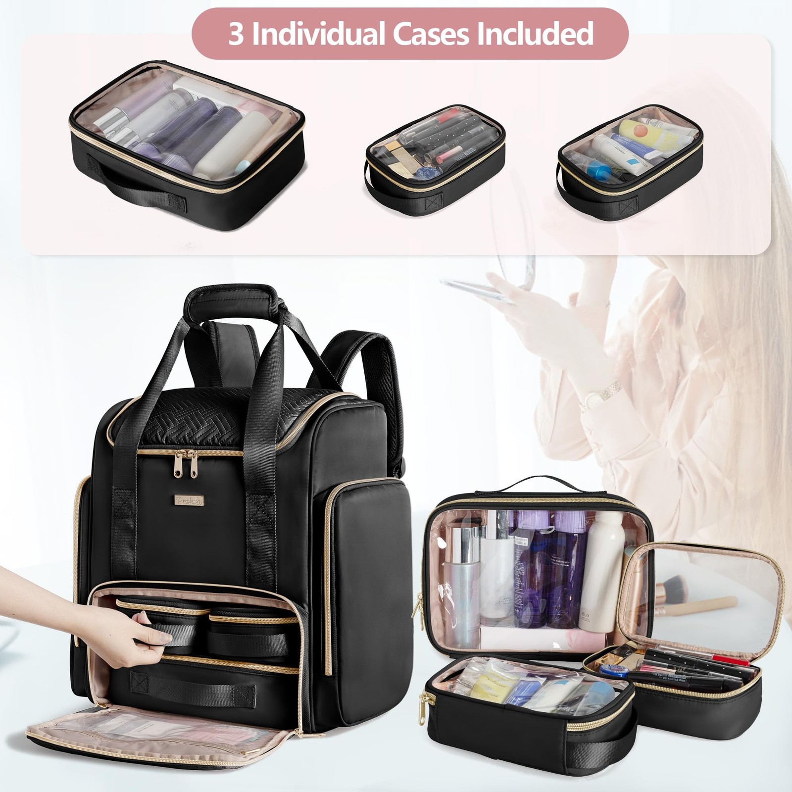 Large Makeup Backpack with 3 Clear Makeup Bags, Double Layers Professional Ma...