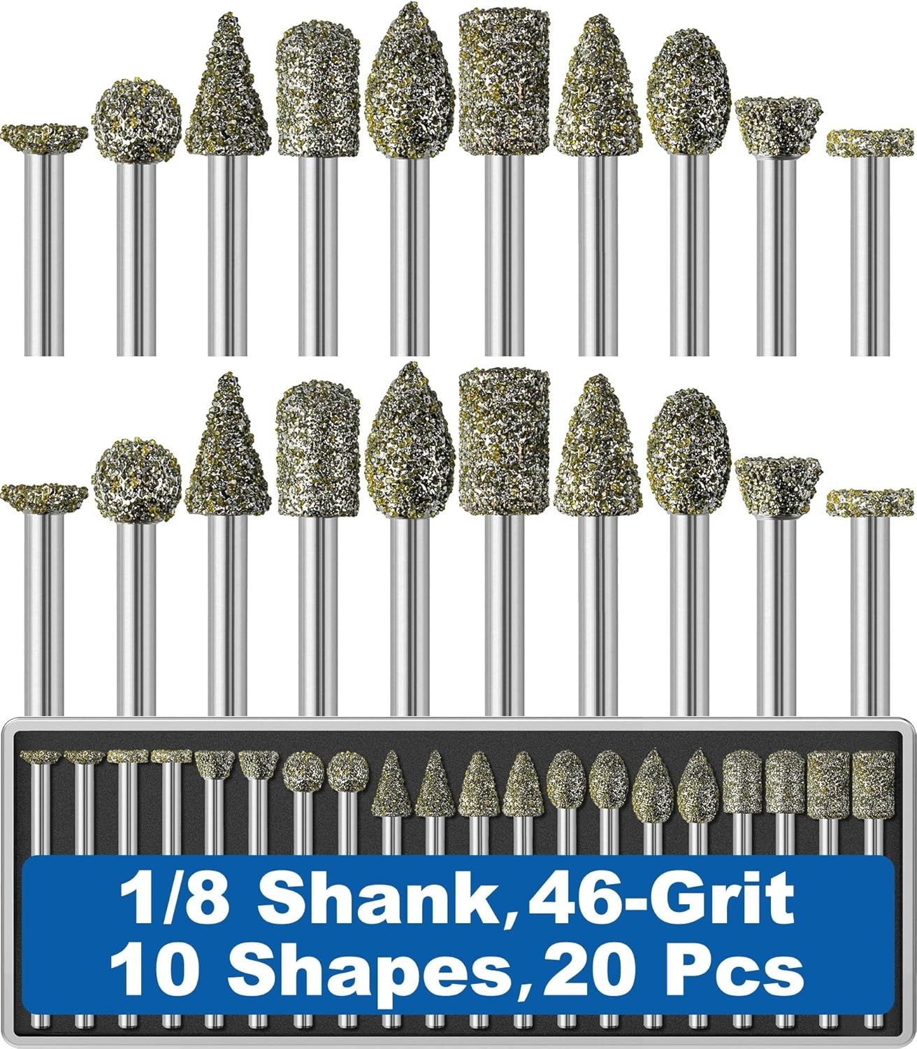 20Pcs 46-Grit Diamond Grinder Bit 1/8" Shank Compatible with Dremel Rotary Tool