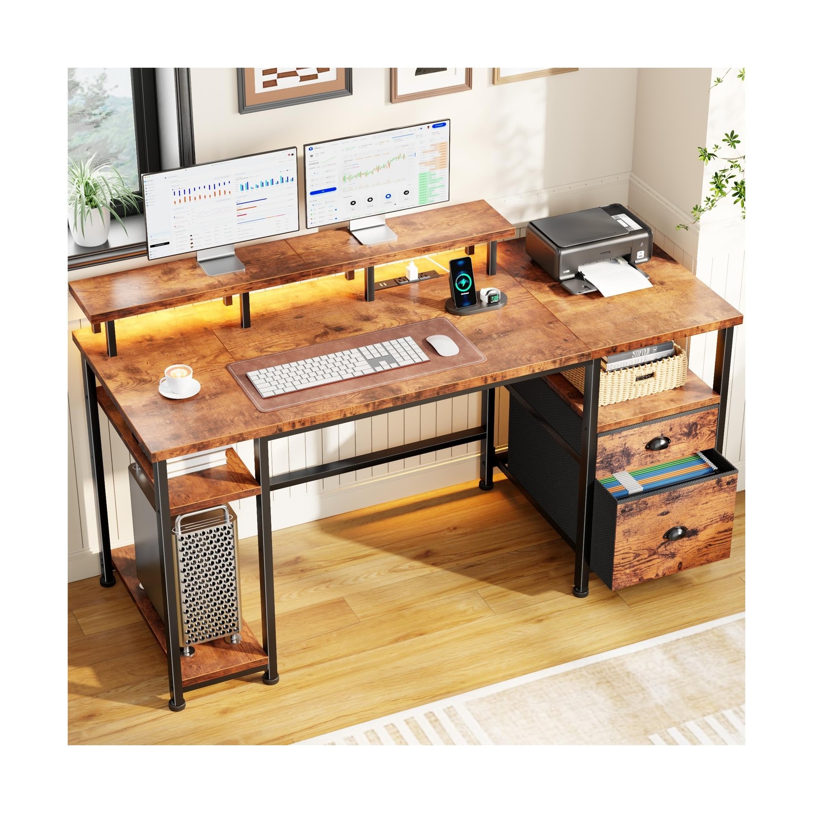 Furologee 61" Computer Desk with Power Outlet & LED Lights, Reversible Gaming...