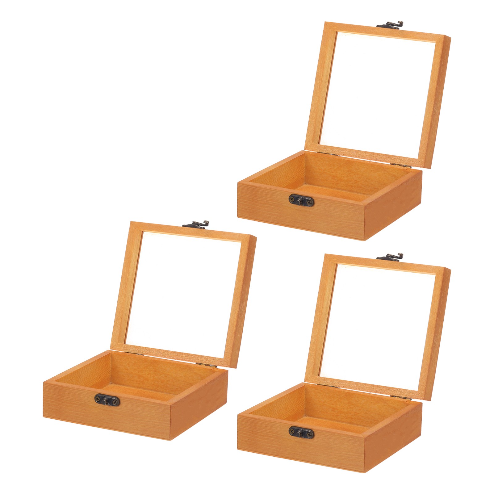 Unfinished Wooden Display Box,4.7"x4.7"x2" Storage Box with Glass Lid,3Pcs Brown