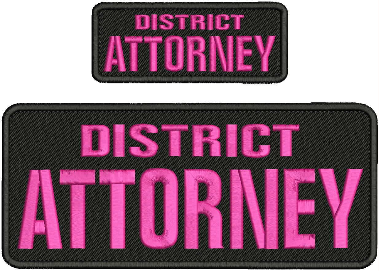 District Attorney 2 Embroidery Patches 10x4 And 5x2 Hook On Back Pink On Black