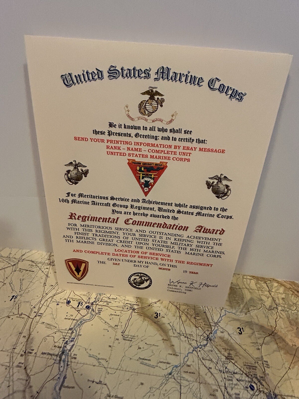 U.S.M.C. / 16TH MARINE AIRCRAFT GROUP- REGIMENTAL COMMENDATION AWARD CERTIFICATE