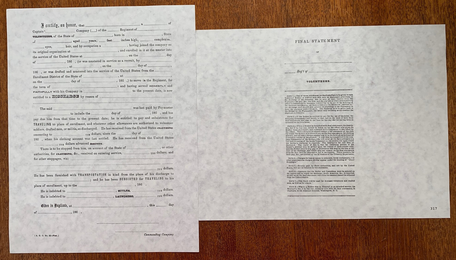 Civil War Discharge Paper Blank Forms