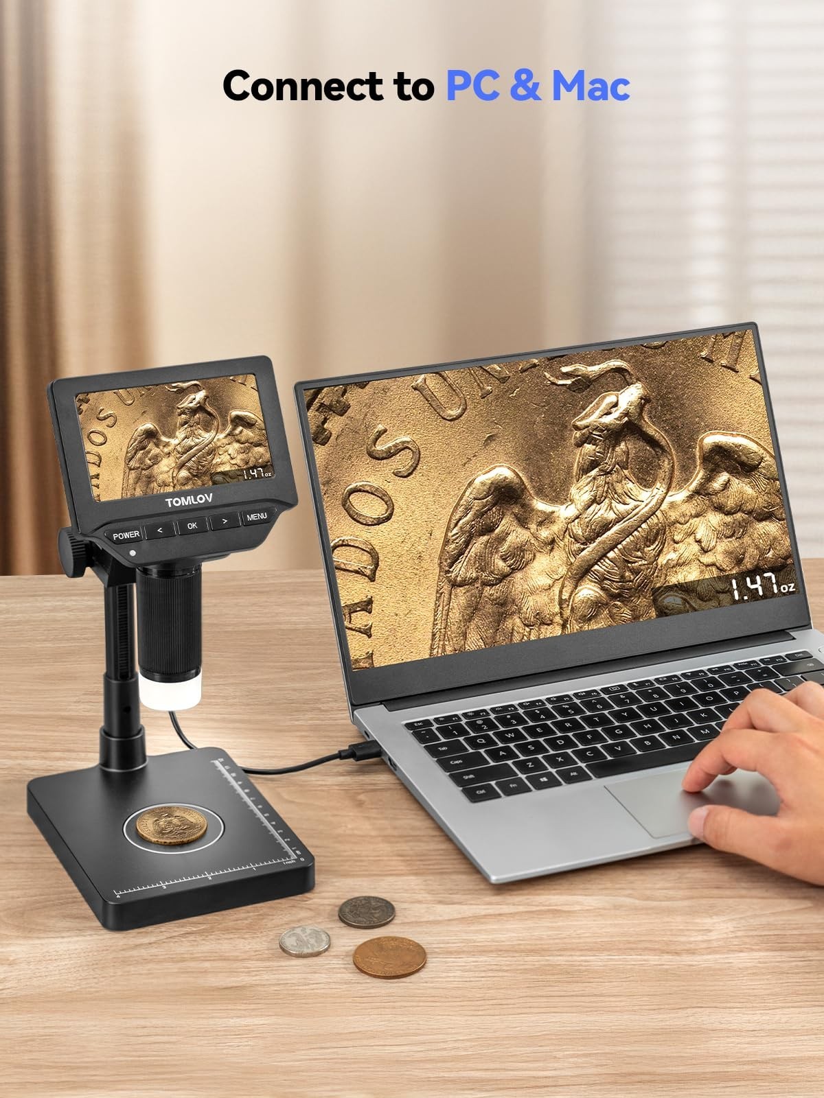 4.3" Digital Coin Microscope with Scale, Error Coin Magnifier, LED Lights, USB C