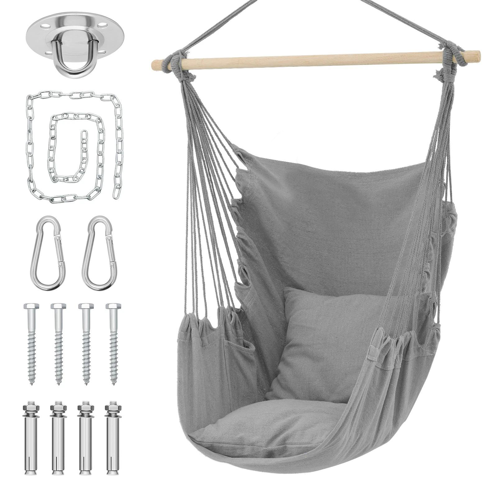 Hammock Chair Hanging Rope Swing, Max 500 Lbs, 2 Cushions with Pocket Superior