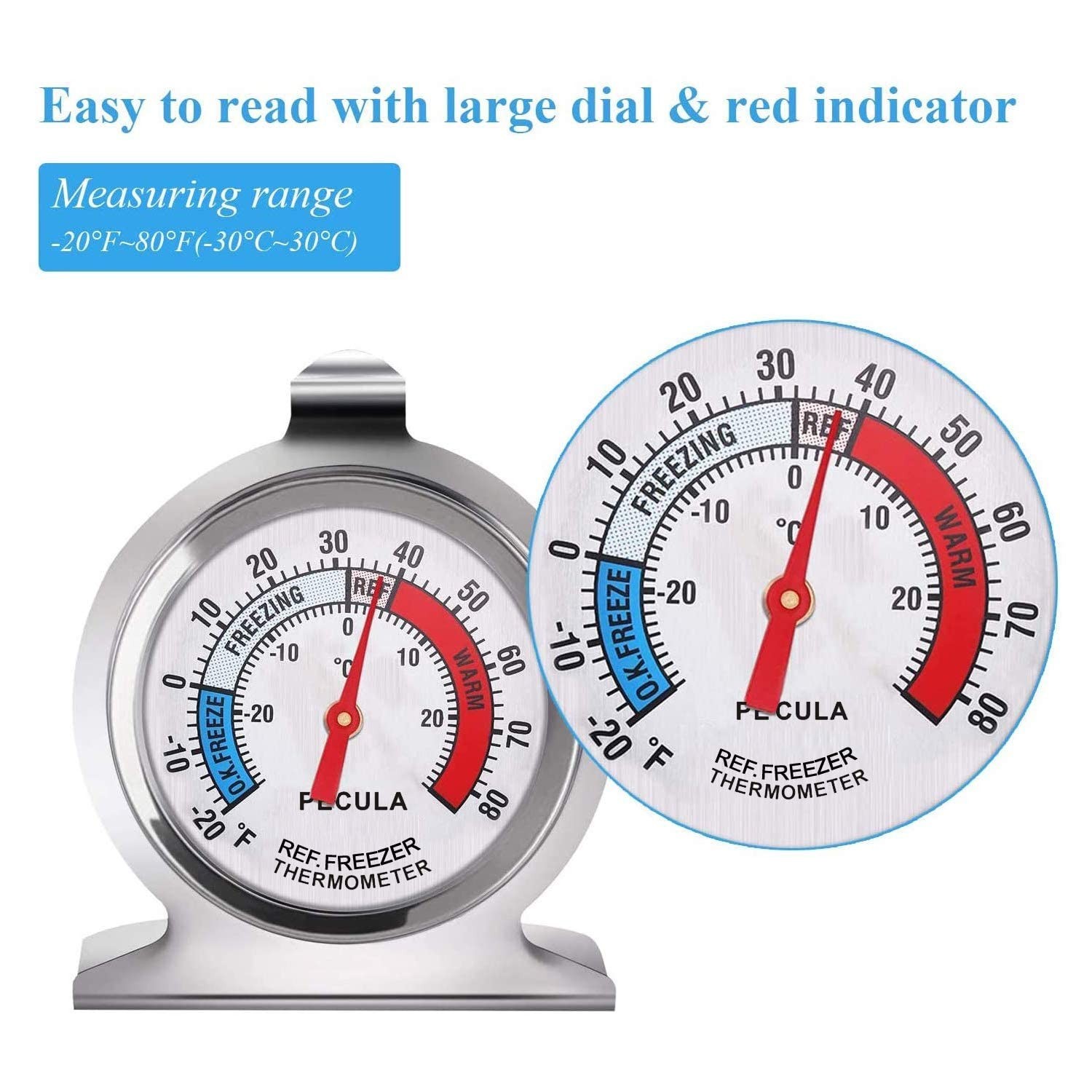 High Accuracy Refrigerator Thermometer Set - Stainless Steel, Large Dial 2-Pack