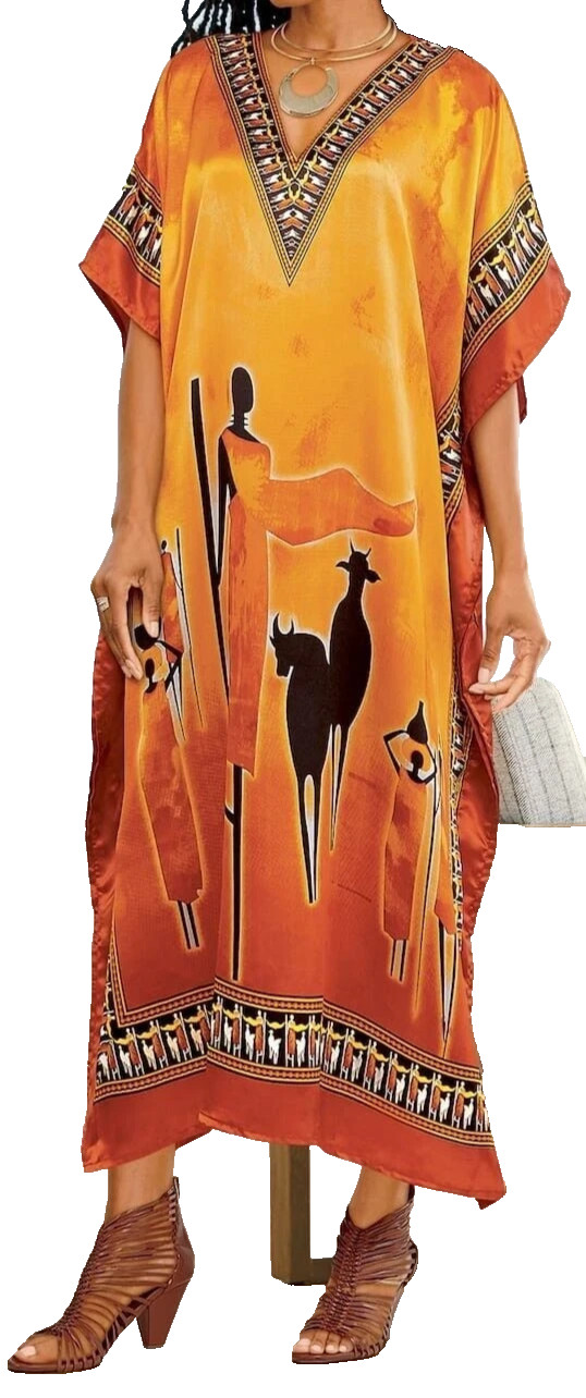 OSFM Orange Multicolor Ethnic African Tribal Woman Jamila Caftan Dress Ashro new