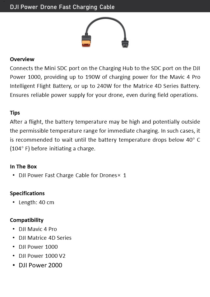 DJI Power Fast Charging Cable for Mavic 4 Pro/Matrice 4D–190/240W Field Charging