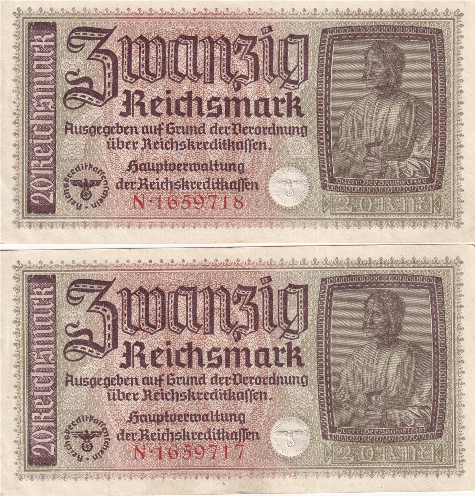 Currency Germany 1940 WW2 3rd Reich 20 Reichsmark Zwanzig Sequential Pair Unc