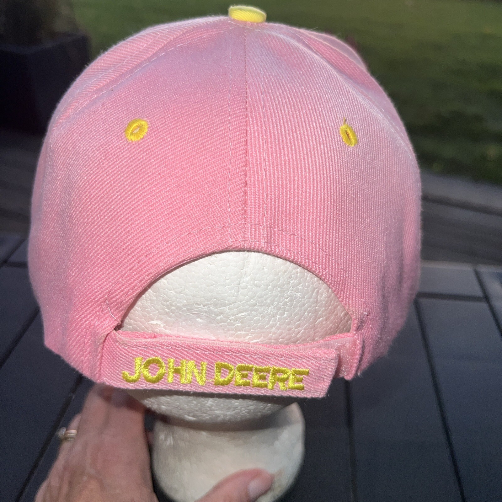 John Deere Logo Letters in Yellow on Pink Hat Cap Hook Loop Cotton Unbranded