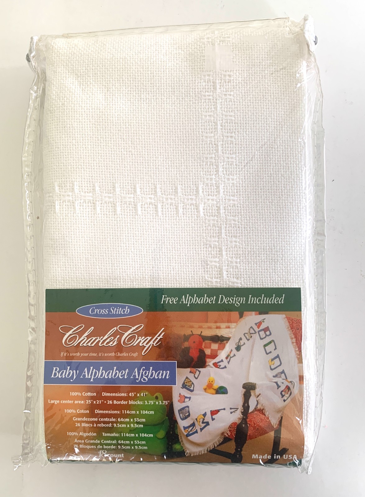 Charles Craft Cross Stitch 18 Count White BABY ALPHABET AFGHAN 45" x 41"