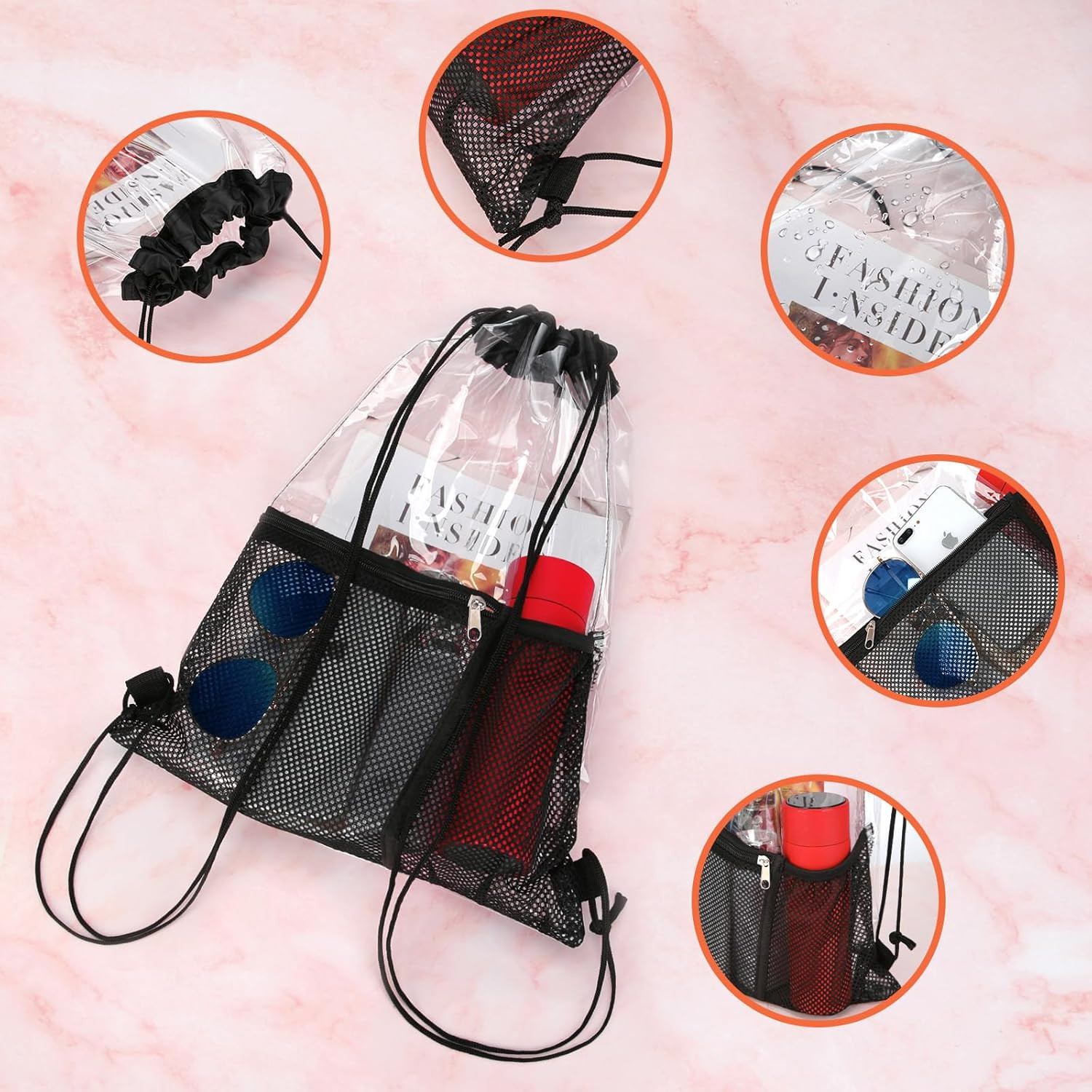 2 PACK Clear Drawstring Bag Stadium Approved, See Through Transparent PVC Drawst