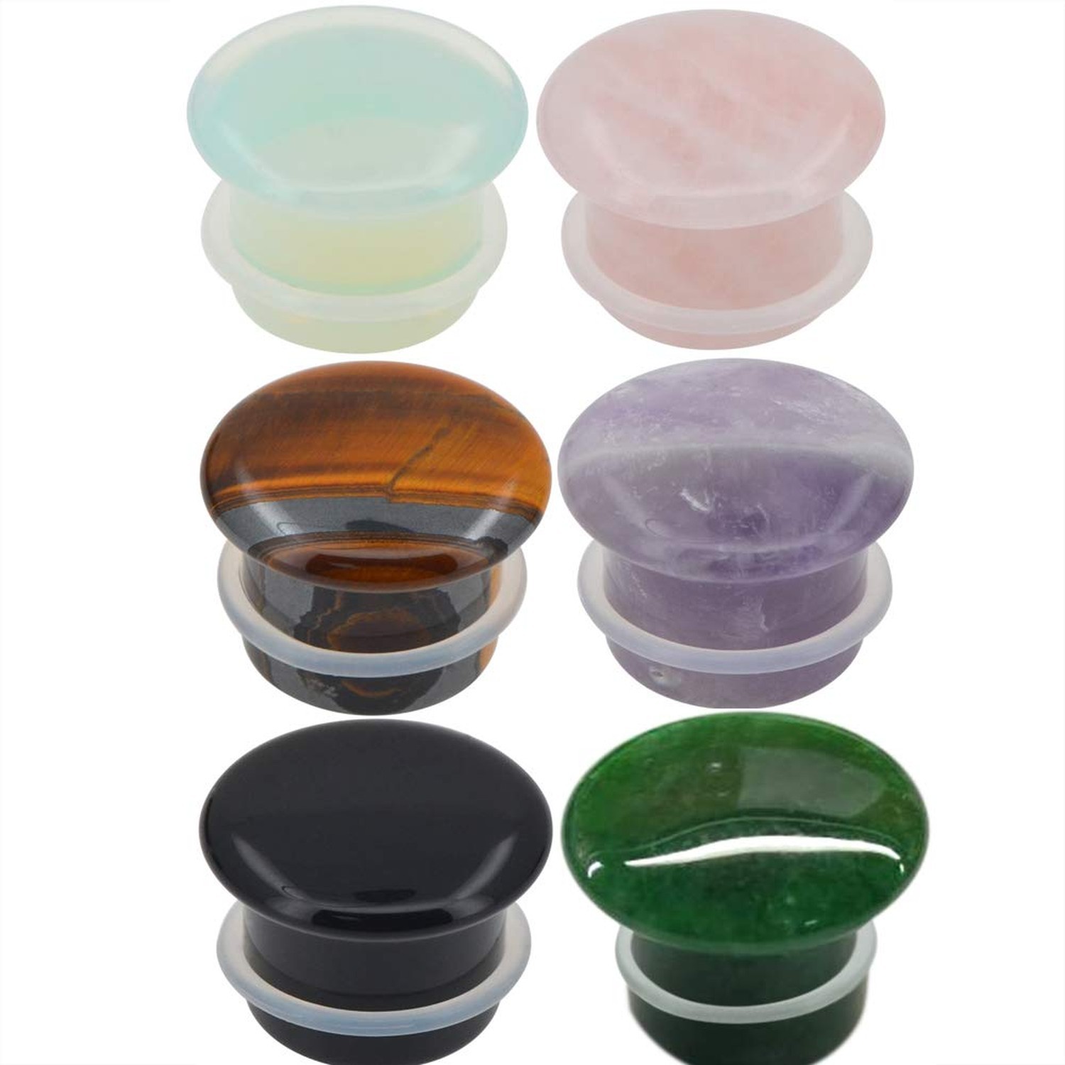 Set of 6 Pairs Single Flare Stone Ear Plugs Silicone O-Ring Expander Gauges 8...