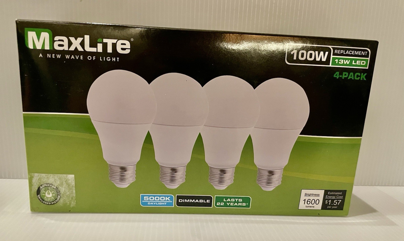 4 PACK OF MAXLITE 13W LED BULBS, A19, DAYLIGHT, DIMMABLE, 1600 LUMENS, 100W