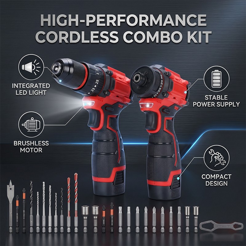 Cordless Drill Combo Kit 16.8V Brushless Design LED Work Light Drill Driver Kit